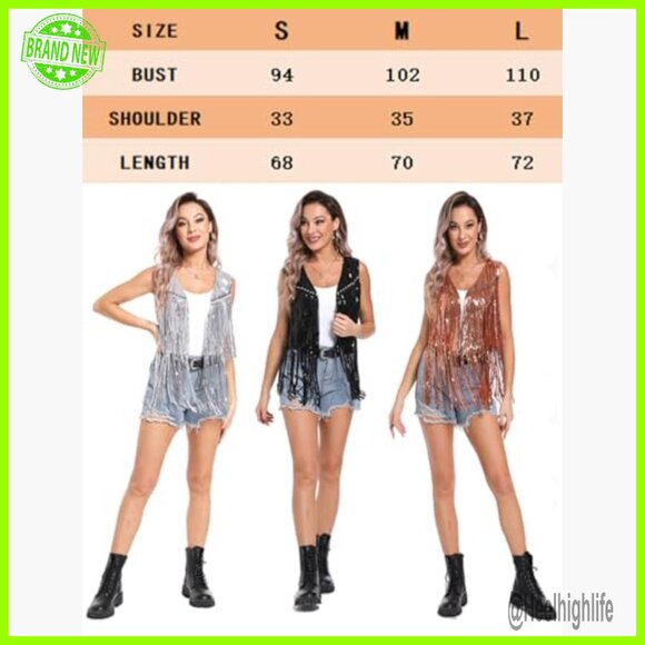 Sequin Fringe Vest Sleeveless Open Front Sparkly Tassels Party Wear - Picture 2 of 4